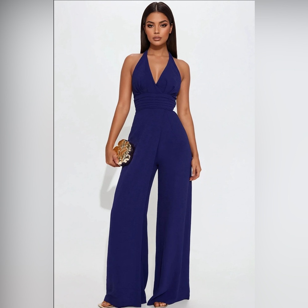 Fashion Nova Deep Blue Halter Jumpsuit